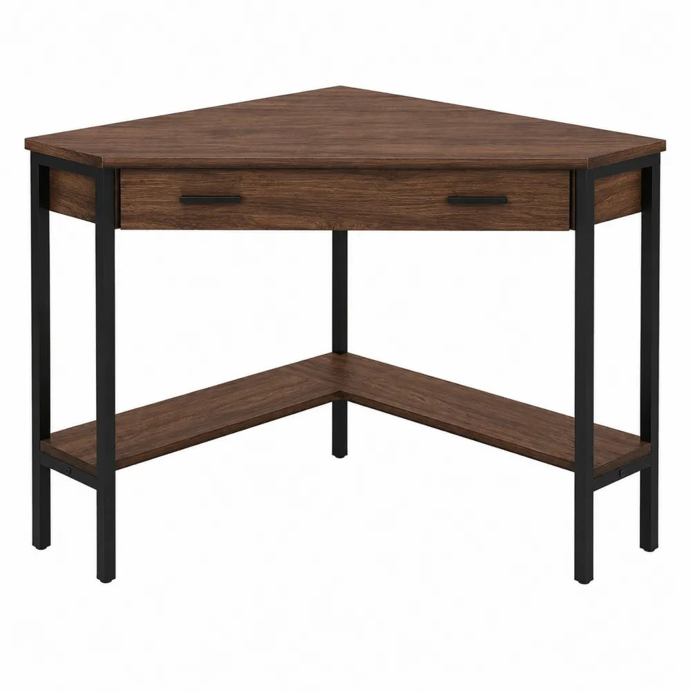 Bureau d'angle en bois et métal avec étagère inférieure