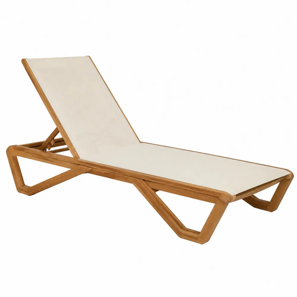 Chaise Longue en Teck et Toile de Polyester Crème