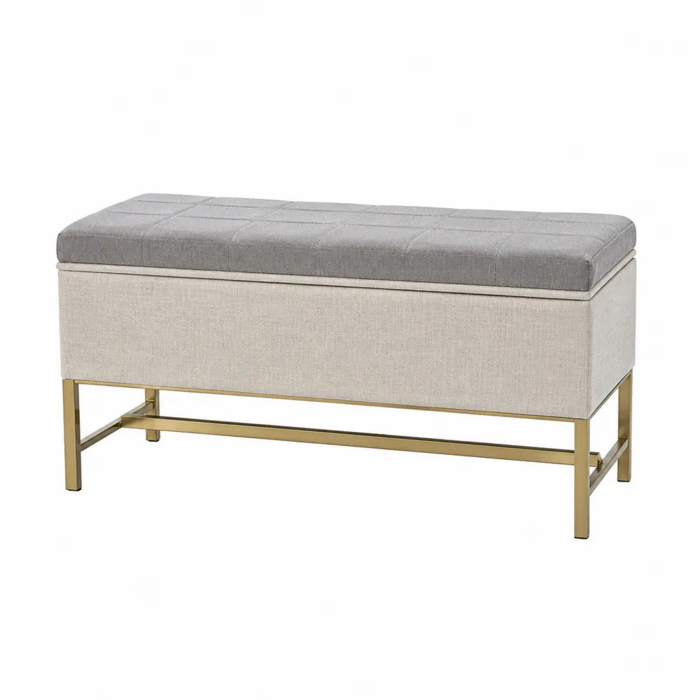 Banc de rangement en tissu avec structure métallique dorée 100x40x45 cm