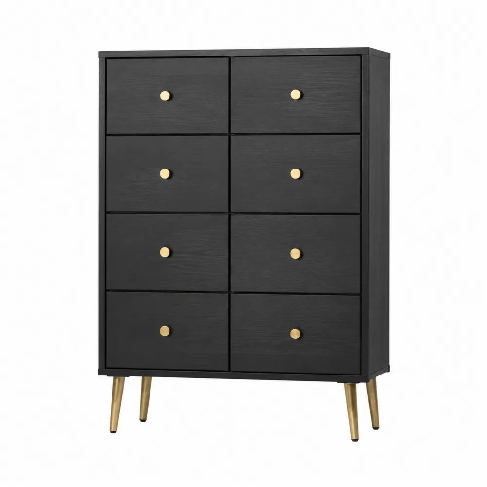 Commode en bois avec 8 tiroirs noirs et poignées dorées