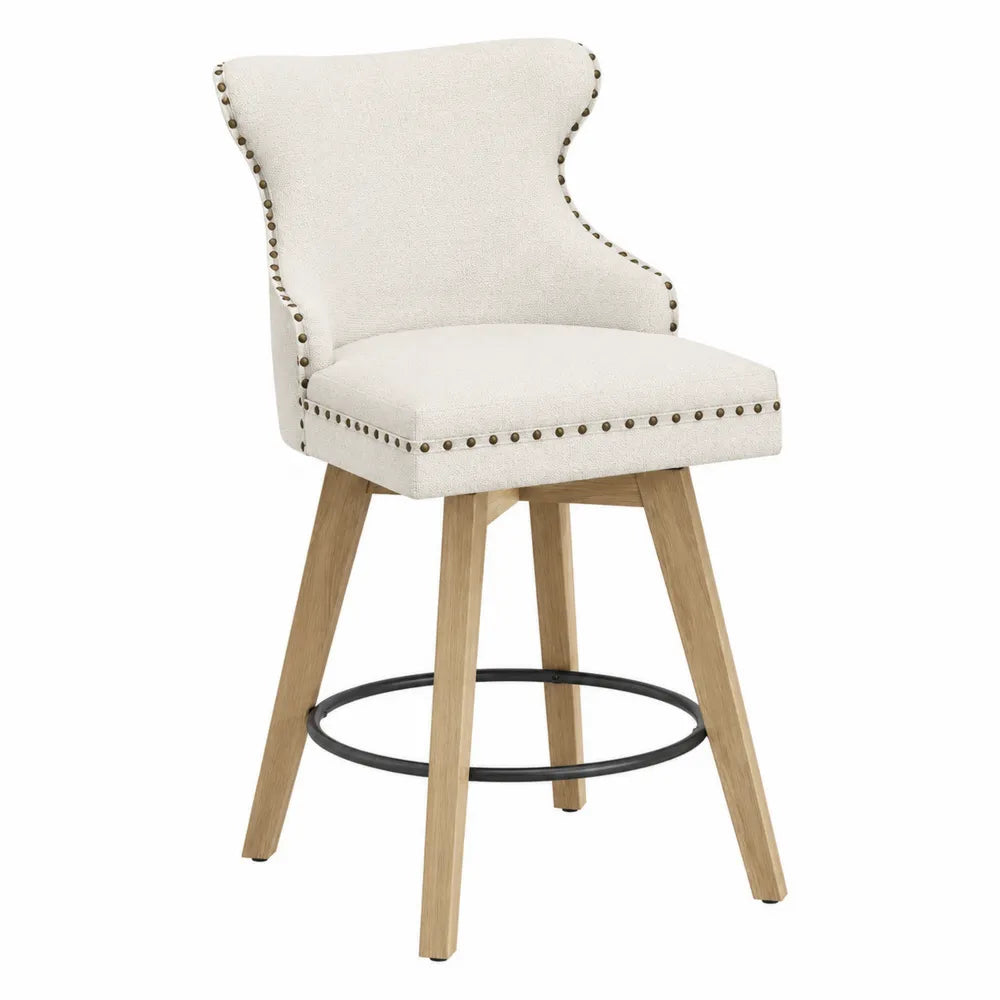 Chaise de bar pivotante en tissu écru avec pieds en chêne