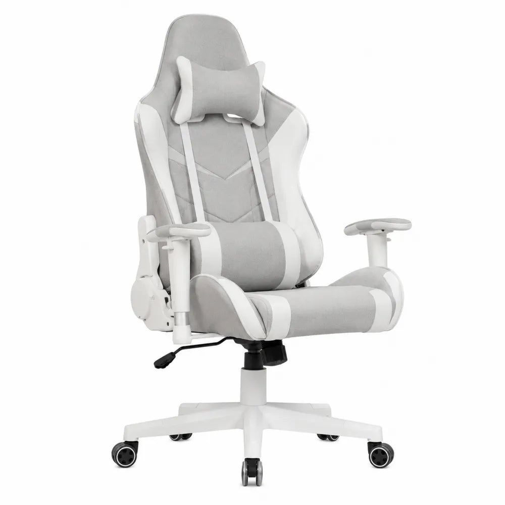 Chaise de jeu ergonomique en tissu polyester gris et blanc