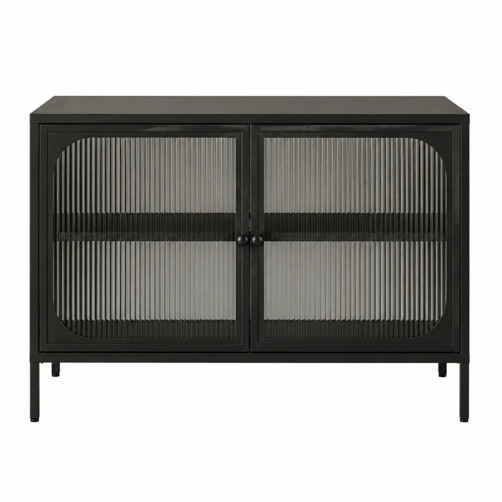 Buffet en métal noir avec portes en verre rainuré