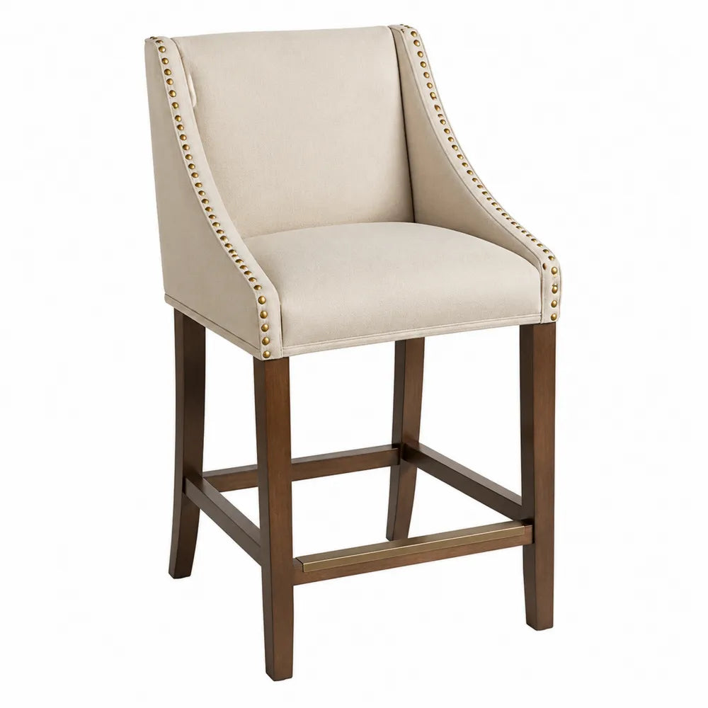 Chaise de bar en bois et tissu beige avec clous dorés