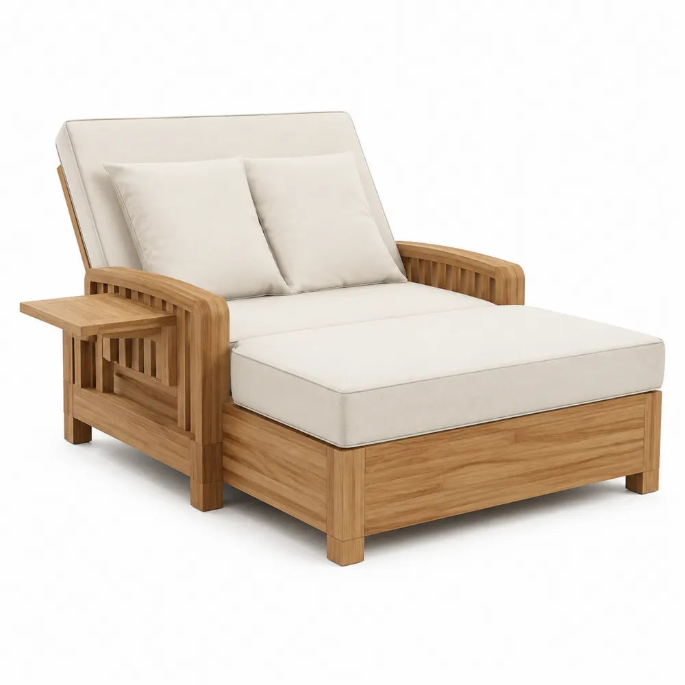 Chaise longue en bois de teck avec coussins en polyester beige