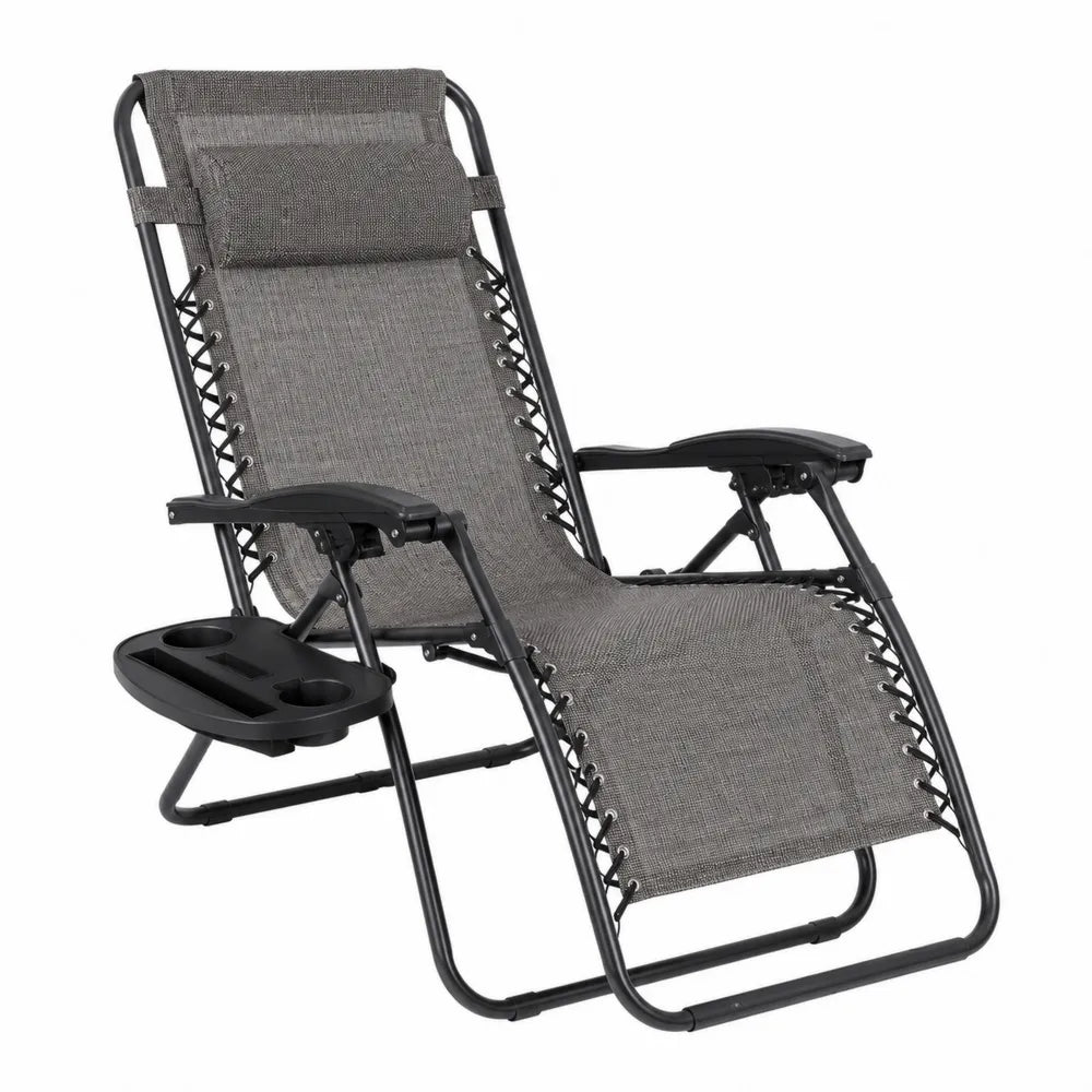 Chaise longue en métal et textilène gris avec porte-gobelets