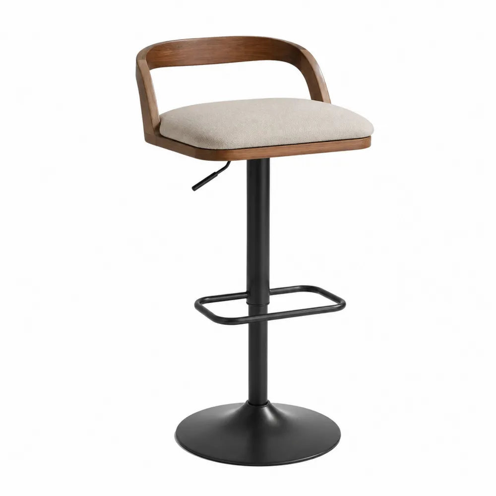 Tabouret de bar en bois et métal noir avec siège en polyester beige