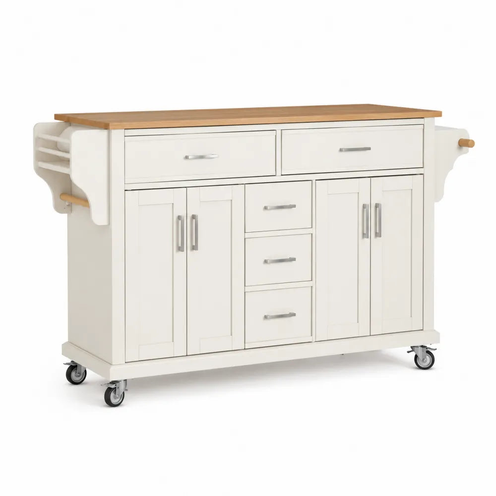 Chariot de cuisine en bois blanc avec plateau en chêne et roulettes