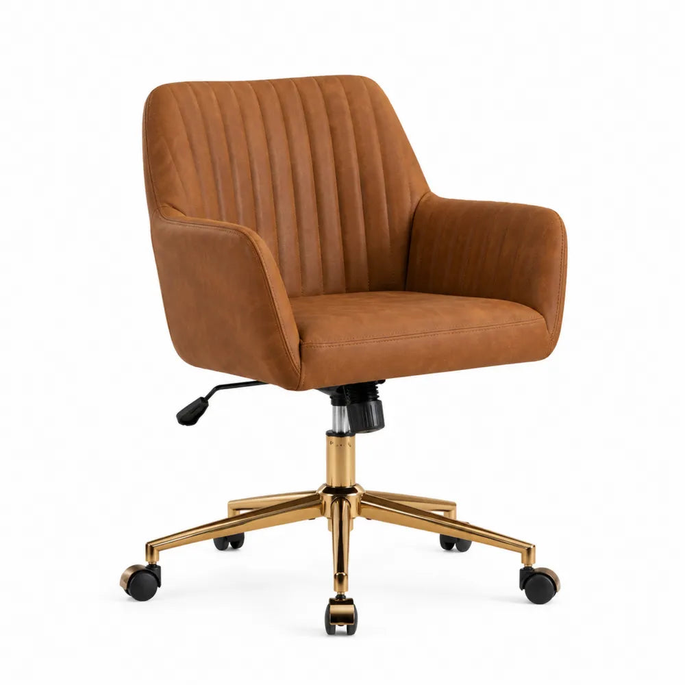 Chaise de bureau en cuir synthétique marron avec piètement en métal doré