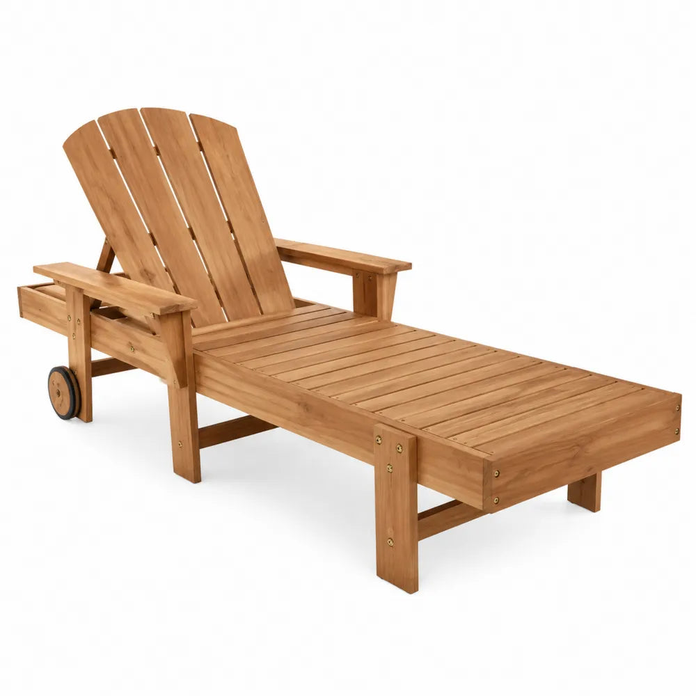 Chaise longue en bois d'acacia réglable avec roulettes, 200 cm, bois naturel
