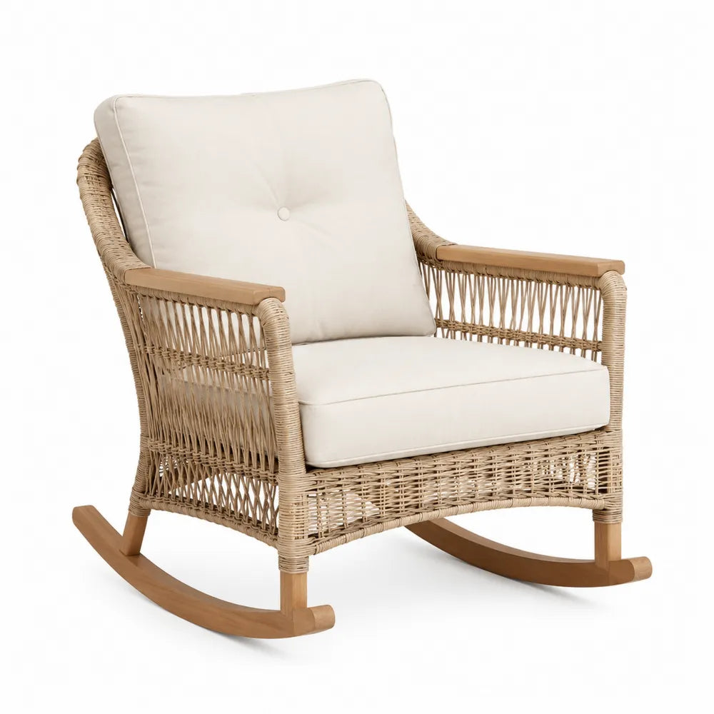 Fauteuil à bascule en rotin synthétique beige et bois d'acacia avec coussins