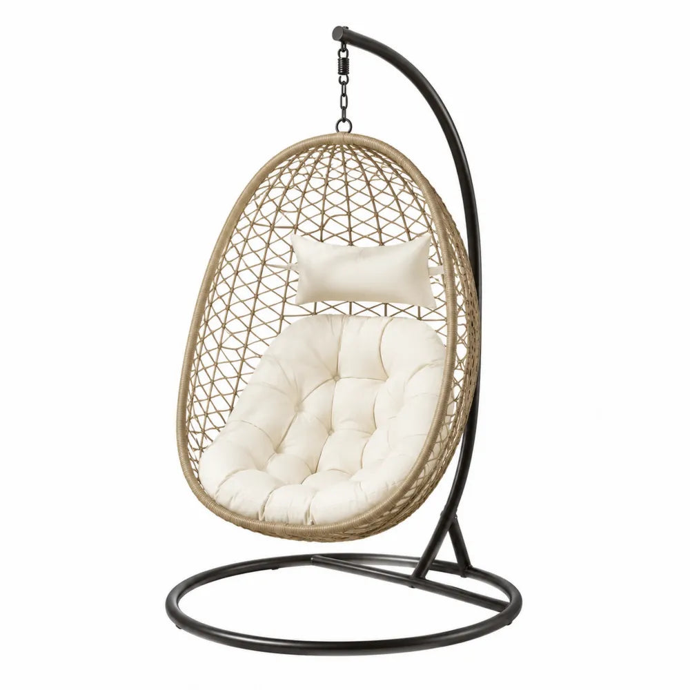 Chaise suspendue en rotin avec coussin beige et support en métal